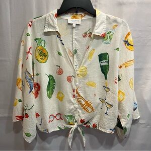 Calypso St. Barth Linen Blend Cropped Blouse Multicolor Print Size Large